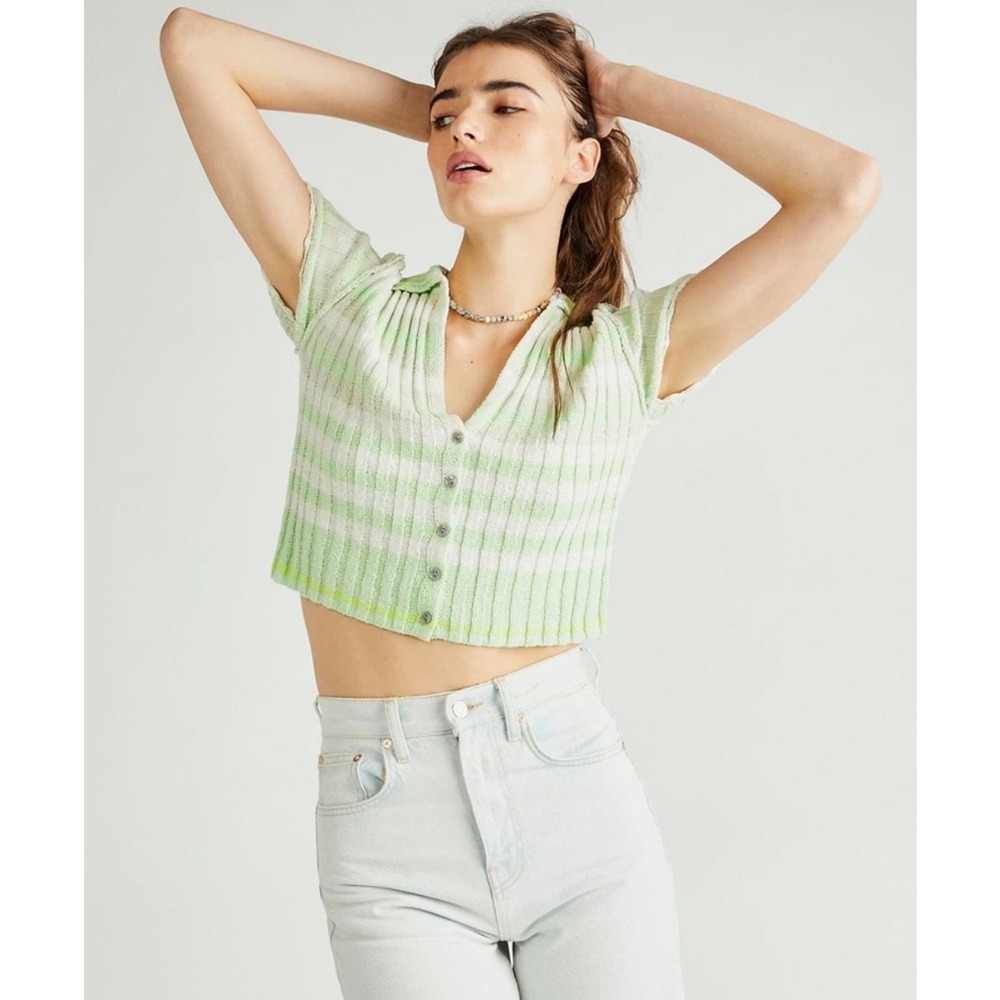 Free People Flirt Cardi‎ Knit Sweater Top Womens Size XS Retro Green Stripe Y2K